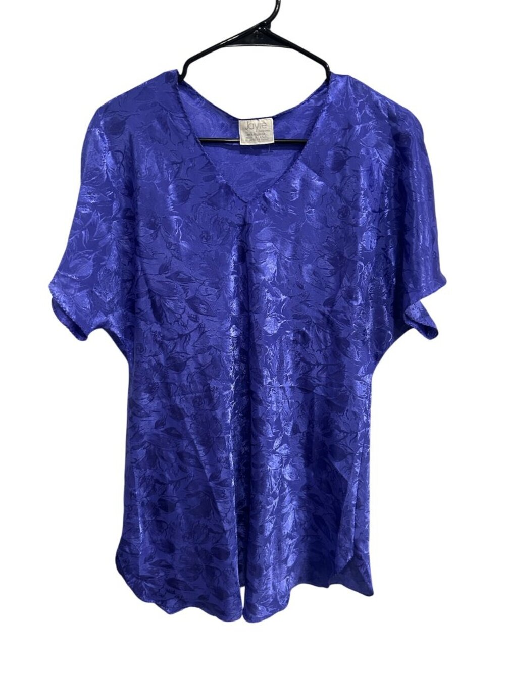 Jayre Blue Floral Jacquard V-Neck Short Sleeve Top Size Medium Boho Cottagecore